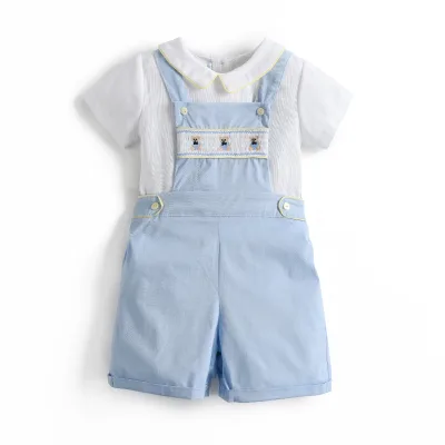 2024 Boys Summer Clothing Set Two-Piece White Shirt Overalls & Jumper 100% Cotton Casual