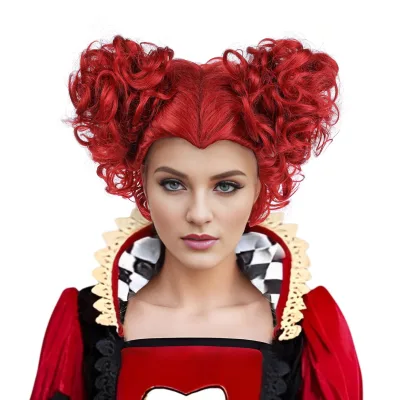 Women Red Wig With Two Buns Hair for Halloween Christmas Party Curly Short Wigs Hearts Shaped Costume Wig