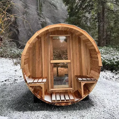 Hot Sales Luxury Hemlock Wood Barrel Sauna Outdoor 38mm Solid Wood Custom Steam Sauna with Harvia Stove