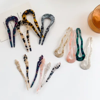 Leopard Tortoise Shell Rhinestone Women's Hair Pins Wide Wave Acetate U Shape Fork Updo Hairstyles Thick Bun Ponytail Hair Clips