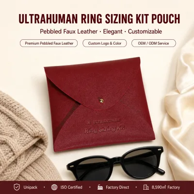 Custom Emboss Logo Burgundy PU Leather Snap Flap Envelope Pouch with Gold Rivet Button Luxury Ring Kit Packaging Bag