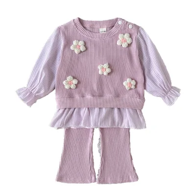 Baby Girl Pink Floral Knit Set Spring Autumn Long Sleeve Top Flared Pants 2 Piece Outfit Sweet Toddler Girls Boutique Clothing