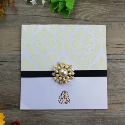 Arabic Style Flocking Wedding Invitation Cards Design Fold Card With Buckle and Ribbon Bow
