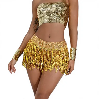 Long Style Sequin Tassel Latin Dance Skirt Stage Performance Costume Women's 100% Polyester Bar Outfit