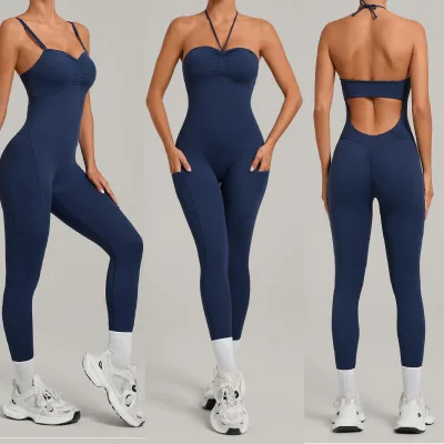2025 Hot Sale Women's Multi-Way Outdoor Running Fitness Jumpsuit with Side Pockets and Yoga-Style Seam Details