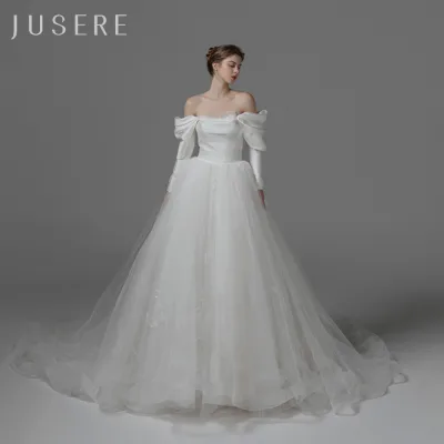 Elegant Ivory off Shoulder Plain Design Beautiful Lace Appliques Ball Gown Wedding Dress Long Sleeves Bridal Gown