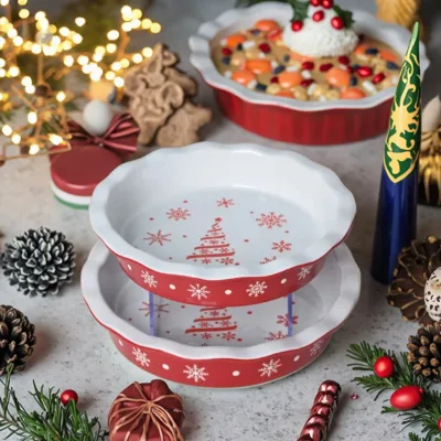 Custom Christmas Round Ceramic Cake Baking Tray Durable Eco-friendly Pie Plate