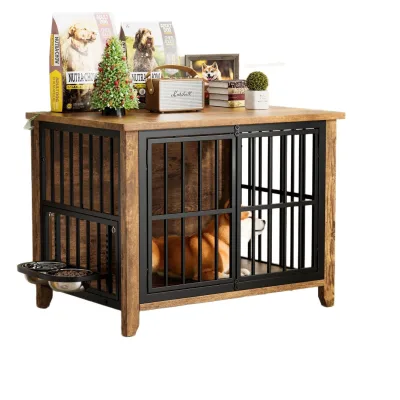 Cross-Border Exclusive Guangdong Retro-Style Ironwood Dog Cage Side-Mounted Removable Food Bowl Medium/Small Size Pet Furniture