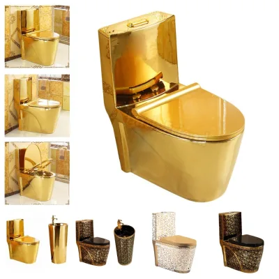 Chaozhou Factory Gold Plated One Piece Ceramic Toilet Sanitary Ware OEM Custom Siphonic & Washdown Flush Luxury Golden WC