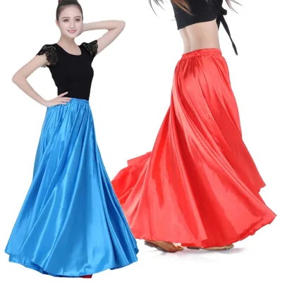 Womens Satin Maxi Skirts Spanish Belly Dance Costume Flamenco Silk Ankle Length Swing Dress Long Skirt