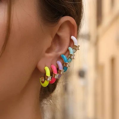 Candy Color Enamel Huggie Hoop Stackable Earrings with CZ Accent 18K Gold Plated for Women Daily Wear