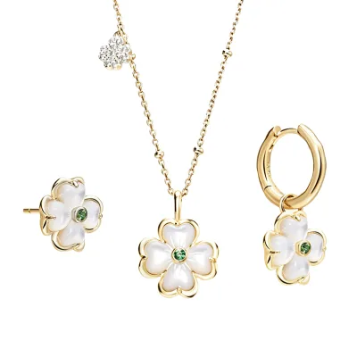 Gemnel Four Leaf Clover Mother of Pearl Emerald Pendant Necklace Stud Hoop Drop Earring Jewelry Set 925 Silver Lucky Jewelry
