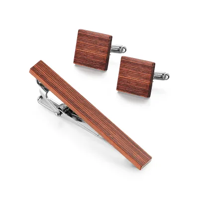 Hot Sale New Fashion Colorful Brown Wood Cufflinks 3 PCS Set Wood Tie Clips & Cufflinks for Men Business Casual Shirt