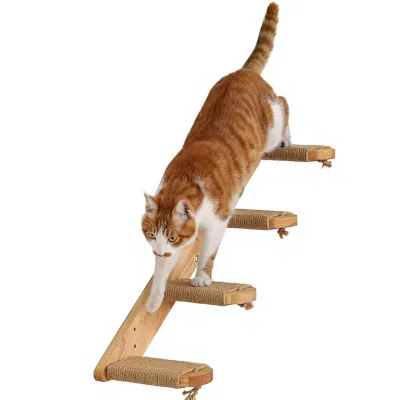 Cat Climbing Shelf Wall Mounted | Four Step Cat Stair Natural Jute Scratching Solid Rubber Wood Kitten Shelves