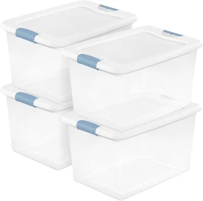 Sterilite 4-Pack 64Qt Clear Plastic Storage Containers White Lids, Stackable Latching Bins Kitchen Storage Bedroom Dorm Closet