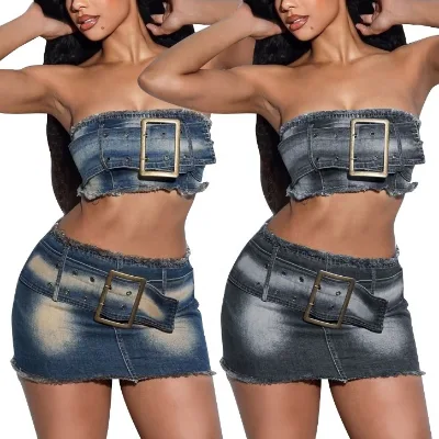 F88566 Latest Design Summer Clothes High Street Stretch Jean Tube Top Belted Crop Top Mini Denim Skirt Set Casual Women's Sets