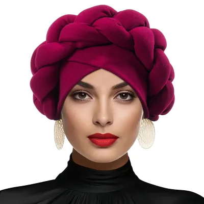 Qianjin Ladies' African Style Big Braid Head Wrap Bonnet Solid Color Polyester Headscarf Turban Unique Headbands