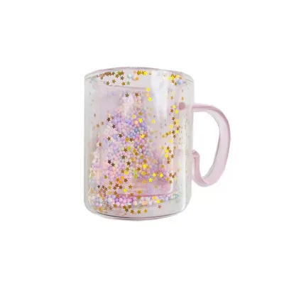 Cute Design Heat Resistant Double Wall Glass Cup Mug Quicksand Coffee Juice Water Cup for Girls