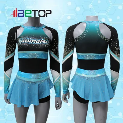 Hot Sale Blue Purple and Black Cheerleading Uniforms Sparkle Rhinestone Cheer Dress With Fly Away Skirt for Cheerleaders