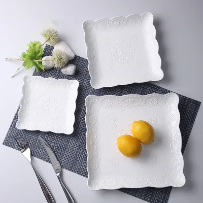 European Style Embossed Square Western Food Fruit Plate Cake Steak Ceramic Tableware Dish Custom Logo