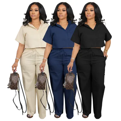 Casual Pleated Shirt and Loose Trousers Suit Two Piece Pants Set Women Pants and Top Set High Quality Women Wide Leg Pants Set