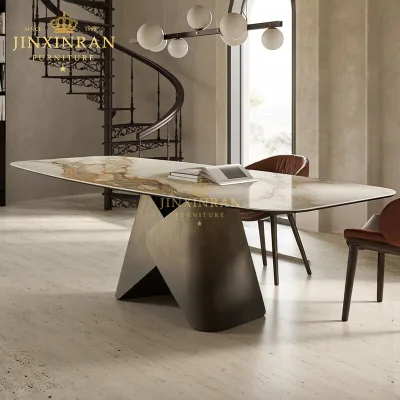Luxury Custom Calacatta Gold Marble Rectangular Dining Table Metal Base Living Room Kitchen Restaurant Marble Dining Table