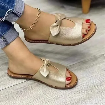 Large Size Women's Shoes New Summer Flat Women Sandals slippers With Bow Decoration Solid Color slippers Europe and America