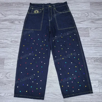 Custom Embroidery logo Raw Denim Jeans Gem Stones Straight Fit Y2k Baggy Jeans Men Flared Stacked Wide Leg Jeans Trouser for Men