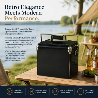 13L Mini Retro Metal Cooler Box Multiple Color Options Insulated Ice Chest Portable for Office Desk Camping