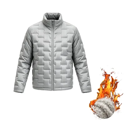 Men's Quilted Puffer Jacket Zip Up Stand Collar Silver Grey Lightweight Winter Warm Custom Logo OEM Wholesale