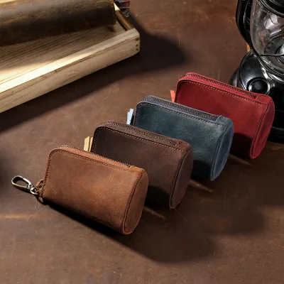 Handmade Vintage Euro-American Retro Crazy Horse Leather Bucket Style Key Pouch Large Capacity Genuine Car Key Holder Waist Clip