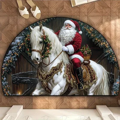 Merry Christmas Decorative Santa on Rocking Horse Carpet Doormat Rugs Machine Made Xmas Carpet