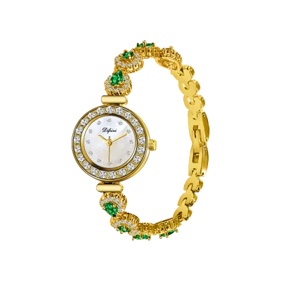 Vintage Women's Brass Quartz Wristwatch with Round Gold Case Waterproof Rhinestone Hand-Set Antique Fashion Stylish Gift