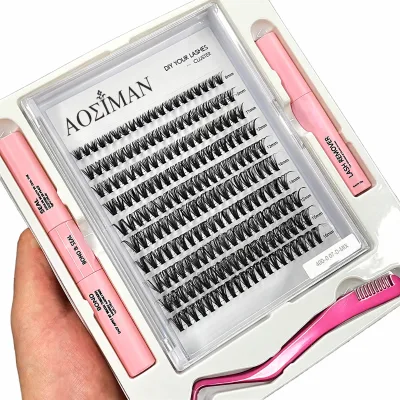 AOSHIMAN Handmade Individual Cluster Lashes DIY Segment Lash Kit-Synthetic Hair Heat Bonded Band Crisscross Style Curl C Eyelash