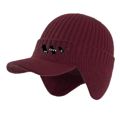 Custom Luxury Soft Waterproof Breathable Merino Wool Visor Knitted Beanie Ear Warmers Unisex Large Winter Headwear Fleece Lined