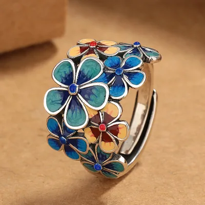 Blue Enamel Blooming Flowers Ring Female Atmospheric Retro Ethnic Style Open Adjustable Creative Index Finger Ring
