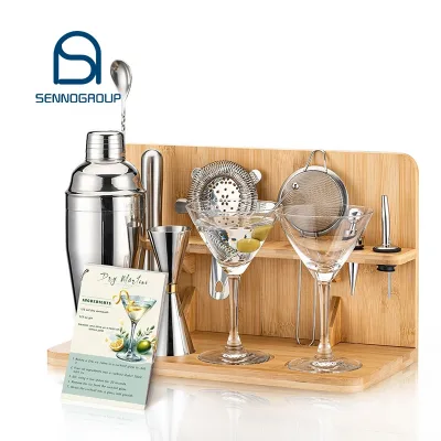Shaker Jigger bar Spoon Picks Strainer Muddler martini Cocktail Glass Set Bartender Cocktail Glasses Kit with Wooden Stand