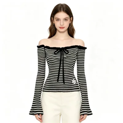 Women Striped Off Shoulder Long Sleeve Top Flare Cuff Slim Fit Crop Top With Sweet Y2K Casual Blouse