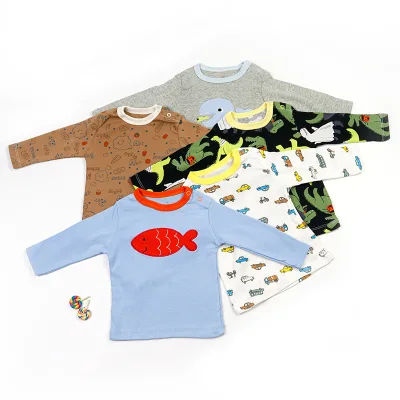 Long Sleeve Printed Embroidery Kids Clothing Ribbed Cotton Newborn Baby T-shirt for Baby Unisex