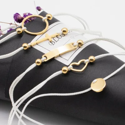 Women Girls Jewelry Gold Stainless Steel Engravable Heart Cross Bar Round Circle Loop Plate Charms Beads Nylon Cord Bracelet