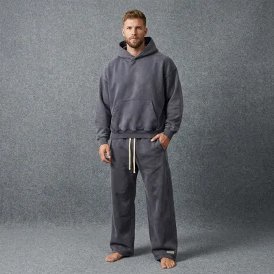 Custom Winter Mens Knitted Acid Wash Fleece Print Breathable Tracksuit Blank Boxy Hoodie Baggy Sweatpants 2 Piece Set Streetwear