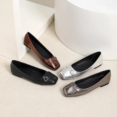 Retro Square Toe Women Slip On Flats, Heart Metal Buckle, Soft Shiny Upper, Low Cut,Plus Size Simple Versatile Casual Flat Shoes