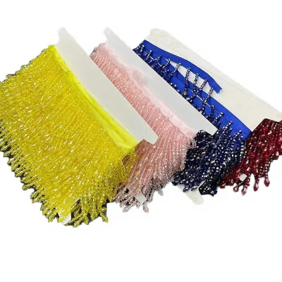 Wholesale Home Textile 5.6 CM Sparkle Glass Crystal Beaded Lace & Fringe Tassel Trim with Colorful Iridescent Stone Beads Chain