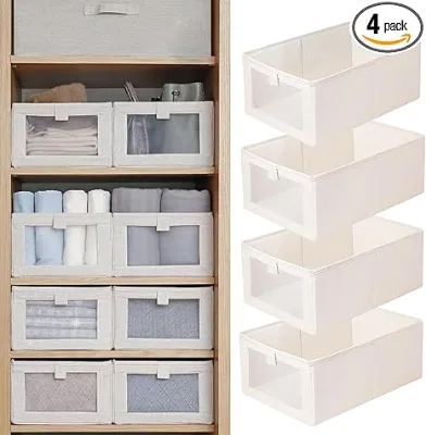 Linen Closet Organizers and Storage Organization Foldable Bins With Clear Window for Organizing Clothing Jeans Shelves
