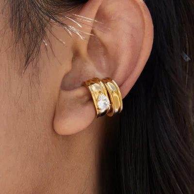 Minimalist 18K PVD Gold Plating Waterproof Anti Tarnish Teardrop Navette Round CZ Cubic Zircon Ear Cuff