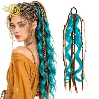 Western-style Bohemian Ponytail Wig with Hand-Woven Dreadlocks Colorful Braids High Temperature Fiber 80g 6 Months Proper Care