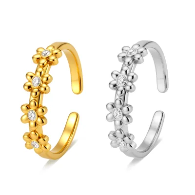 Fashion Women's Fresh Floral Diamond-studded Open Ring, Sweet and Youthful Adjustable Stainless Steel Ring, Factory Wholesale