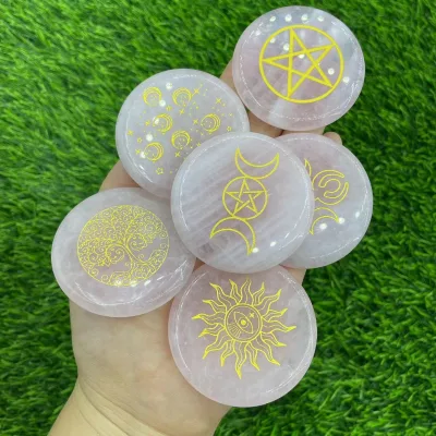 5.5cm Natural Gemstones Crystal Craft Unique Gifts Healing Stones Carvings Rose Quartz Circle with Picture Print