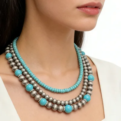 Boho Layered Turquoise Beaded Necklace Vintage Bohemian Silver Tone Multi Strand Statement Jewelry Choker Necklace for Women