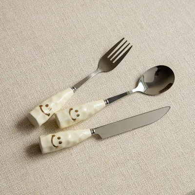 Ceramic Handles Minimalist Design Smiling-face Metal Knife Fork Spoon Three-Piece Set-Restaurant Western-Style Tableware